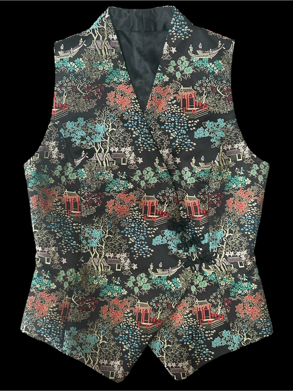 Vintage Tapestry Vest with Asian-Inspired Design Sz Small